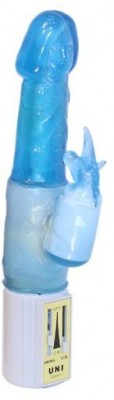 Голубой вибратор с клиторальным отростком в виде единорога UNICORN - 18 см.