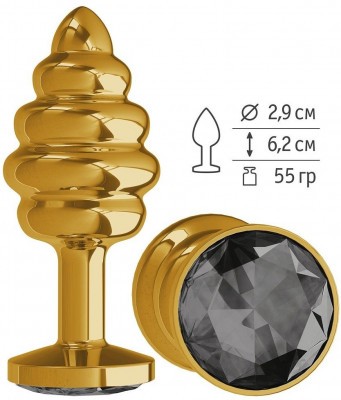 Золотистая пробка с рёбрышками и черным кристаллом - 7 см.