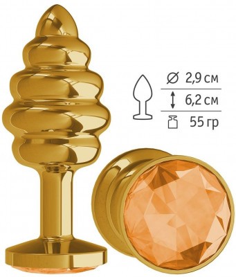 Золотистая пробка с рёбрышками и оранжевым кристаллом - 7 см.