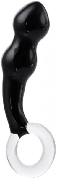 Чёрный анальный стимулятор из стекла с ручкой-кольцом - 17 см.