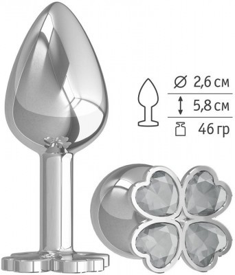 Серебристая анальная втулка с клевером из прозрачных кристаллов - 7 см.