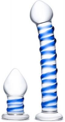 Набор из 2 стеклянных игрушек с синей спиралью Swirly Dildo   Buttplug Set