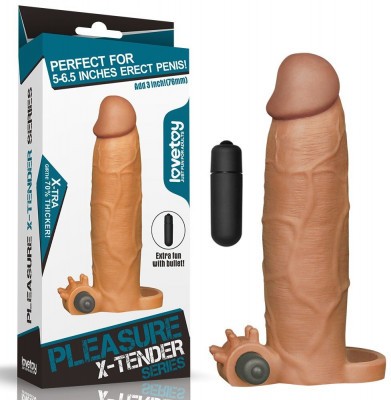 Коричневая насадка на пенис Add 3 Pleasure X Tender Vibrating Penis Sleeve с вибропулей - 20 см.
