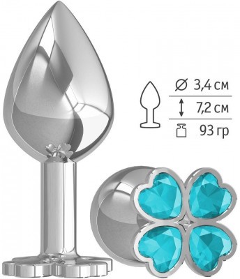 Средняя серебристая анальная втулка с клевером из голубых кристаллов - 8,5 см.