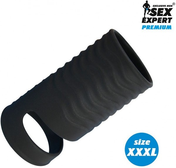 Черная открытая насадка на пенис с кольцом для мошонки XXXL-size - 9,9 см.