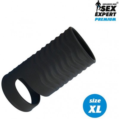 Черная открытая насадка на пенис с кольцом для мошонки XL-size - 8,9 см.