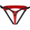 Красно-черный женский пояс с 2 способами крепления насадок и вагинальной пробкой