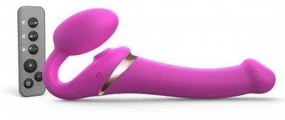 Ярко-розовый безремневой страпон Multi Orgasm Size M с клиторальной стимуляцией