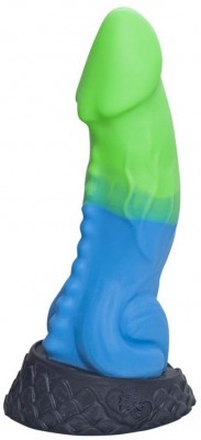 Голубой фаллоимитатор  Ночная Фурия Medium  с зелёным кончиком - 24,5 см.