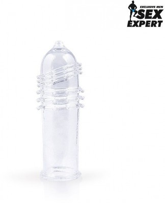 Закрытая прозрачная насадка на пенис с шипиками и ребрышками - 12 см.