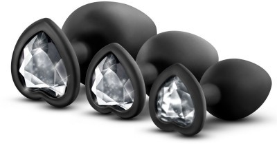 Набор из 3 черных пробок с прозрачным кристаллом-сердечком Bling Plugs Training Kit