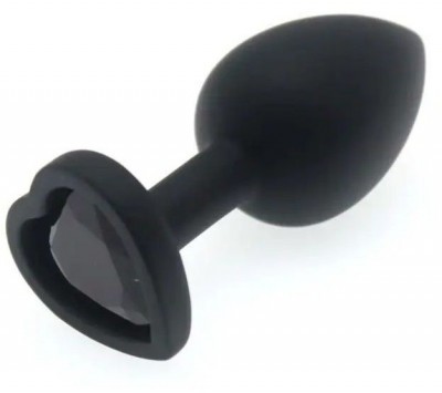 Черная силиконовая анальная пробка с основанием в виде сердечка со стразом - 7,5 см.