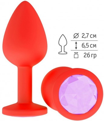 Красная анальная втулка с сиреневым кристаллом - 7,3 см. 