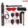 Стильный черно-красный набор БДСМ: маска, кляп, зажимы, плётка, ошейник, наручники, оковы, верёвка