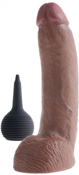 Коричневый фаллоимитатор с эффектом семяизвержения Squirting Cock with Balls - 22,9 см.