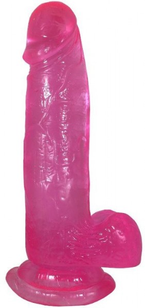 Розовый фаллоимитатор с мошонкой на присоске - 20,5 см.