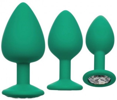 Набор из трёх зеленых анальных пробок с кристаллом Cheeky Gems