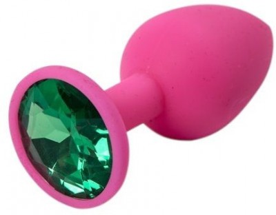 Розовая силиконовая пробка с зеленым кристаллом - 7,1 см.