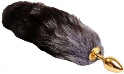 Золотистая анальная пробка с чёрным лисьим хвостом