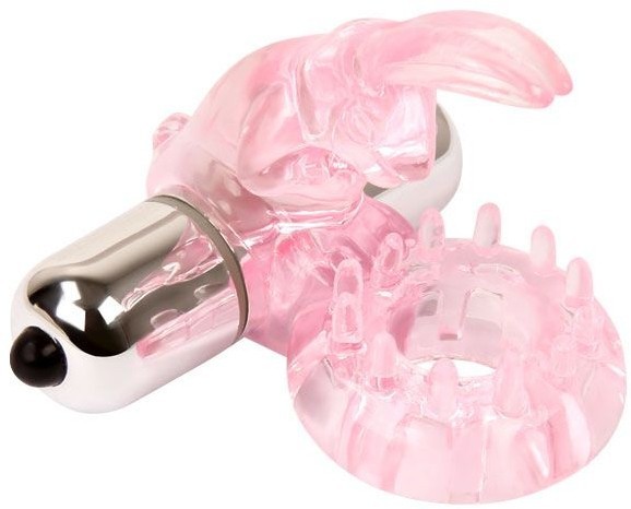 Эрекционное розовое виброкольцо с клиторальным зайчиком