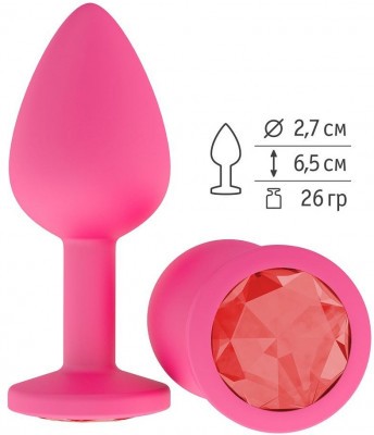 Розовая силиконовая анальная втулка с красным кристаллом - 7,3 см.