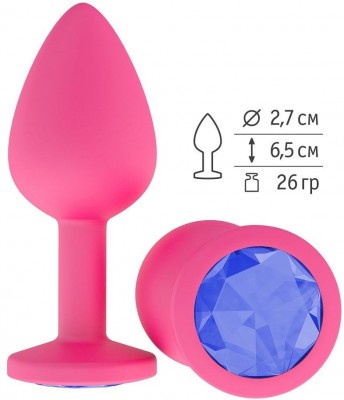 Розовая анальная втулка с синим кристаллом - 7,3 см.