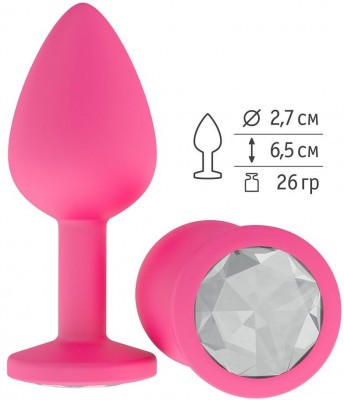 Розовая анальная втулка с прозрачным кристаллом - 7,3 см.
