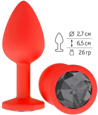 Красная анальная втулка с чёрным кристаллом - 7,3 см.