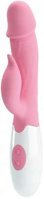 Нежно-розовый вибратор с клиторальным отростком Peter - 19,2 см.
