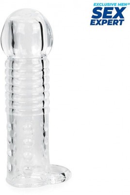 Прозрачная рельефная насадка-реалистик с петлей для мошонки - 13,5 см.