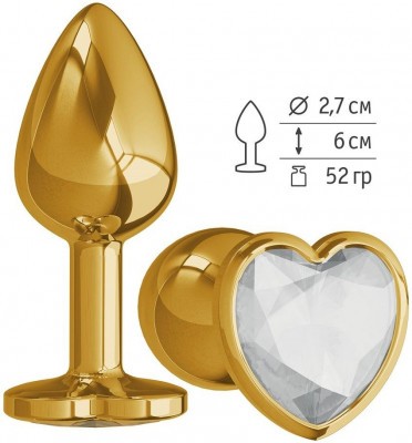 Золотистая анальная втулка с прозрачным кристаллом-сердцем - 7 см.