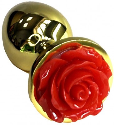 Золотистая анальная пробка с ограничителем в форме красной розы - 8 см.