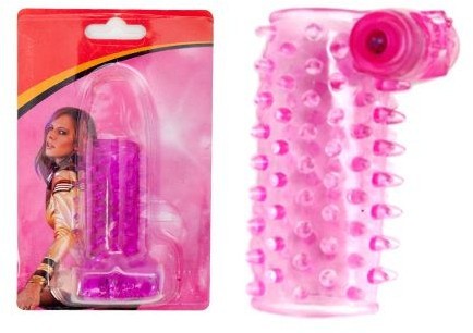 Розовая сквозная вибронасадка на пенис с шипами