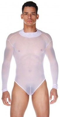 Белое полупрозрачное мужское боди с длинным рукавом