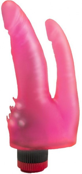 Двойной розовый вибромассажёр с шипами у основания - 17 см.