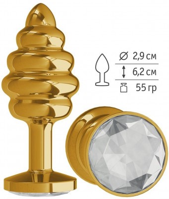 Золотистая пробка с рёбрышками и прозрачным кристаллом - 7 см.