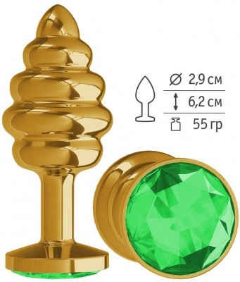 Золотистая пробка с рёбрышками и зеленым кристаллом - 7 см.