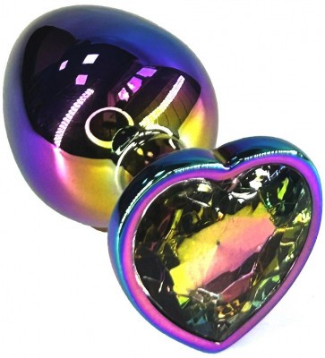 Анальная пробка цвета неохром с радужным кристаллом в форме сердца - 10 см.