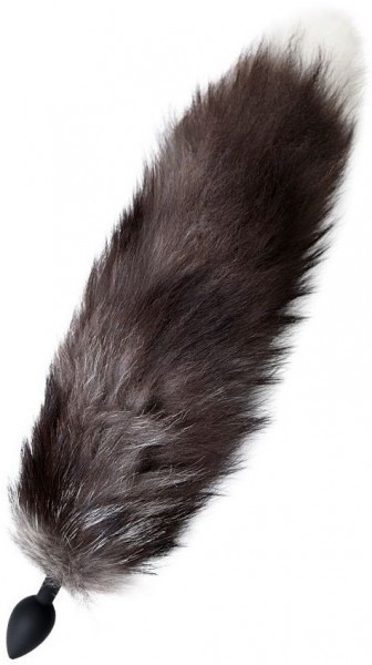 Черная силиконовая анальная втулка с хвостом чернобурой лисы - размер S