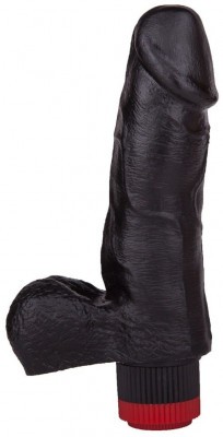 Чёрный виброфаллос с мошонкой - 15,5 см.