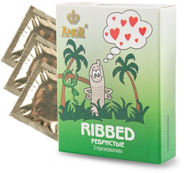 Ребристые презервативы AMOR Ribbed  Яркая линия  - 3 шт.