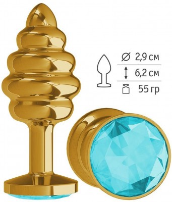 Золотистая пробка с рёбрышками и голубым кристаллом - 7 см.
