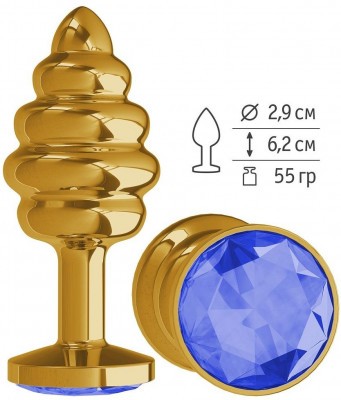 Золотистая пробка с рёбрышками и синим кристаллом - 7 см.